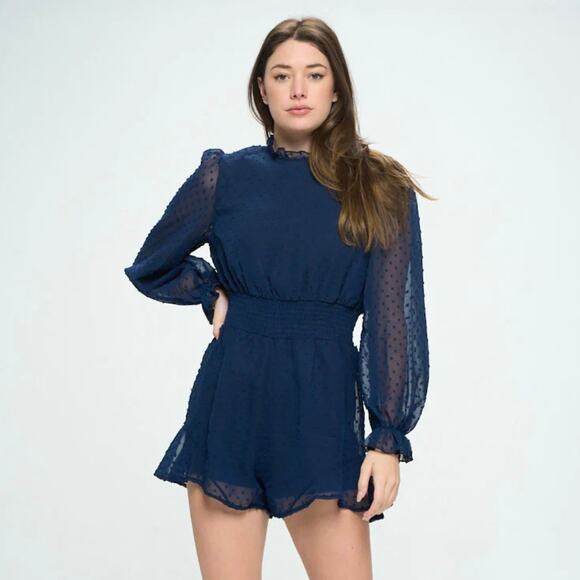 NWOT Boutique Brand Navy Blue Swiss Dot Romper - Picture 1 of 12